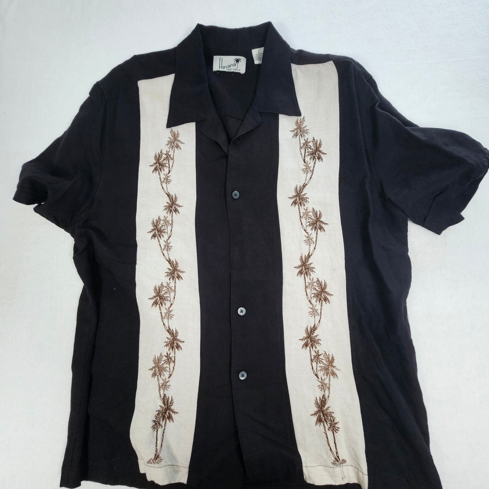 Havana Shirt Co Mens Large Black Linen Rayon Embroidered Palm Tree Bowling Shirt - Picture 2 of 7